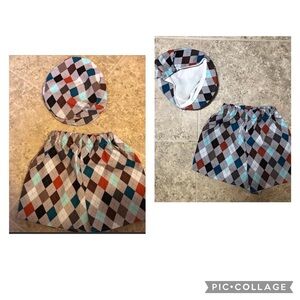 NWOT 12M Custom sewn Teal/coral/brown diamond design shorts/newsboy hat